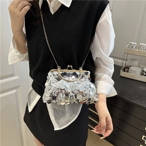 Chic silver sequin shell crossbody bag with gold metal frame and chain strap