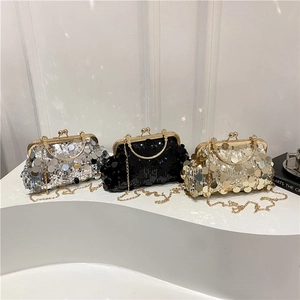 Sac de Soirée Vintage à Paillettes pour Femmes Élégant Sac à Épaule avec Fermoir Métallique et Chaîne Or pour Fête Mariage Banquet