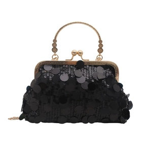 Pochette de soirée chic à paillettes noires avec cadre en métal doré et poignée femme