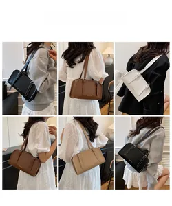 Close-up of stylish leather crossbody bags in four colors with adjustable straps