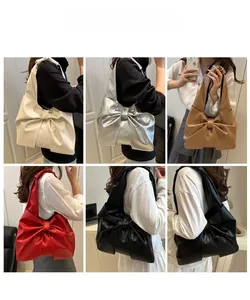 Collage of fashion tote bags with large bow in silver, red, white, black and khaki