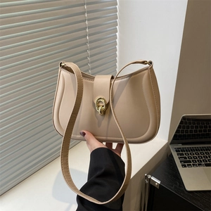 Women Minimalist Underarm Hobo Bag PU Leather Half Moon Shoulder Purse With Golden Ring Buckle Vintage Urban Fashion