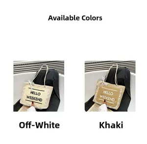 Detail view of woven straw tote bags in off-white and khaki with Hello Weekend prints