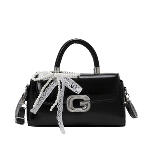 Elegant black leather handbag with pearl lace bow and metal G-buckle for women