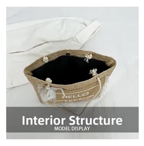 Internal structure of straw tote bag with black lining and magnetic closure detail