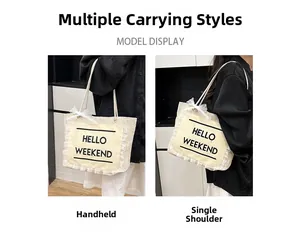 Detail of woven straw tote bag with HELLO WEEKEND print and white lace decorative trim