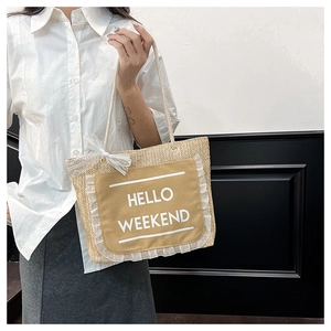 Detail of woven straw tote bag featuring yellow pocket with white lace and bow trim