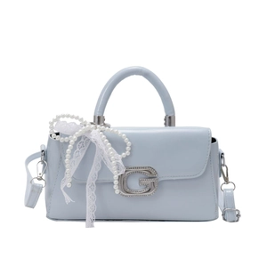 Chic light blue leather crossbody bag with silver G buckle and pearl bow detail