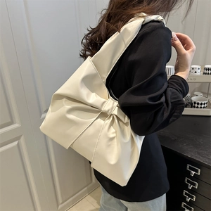 Chic cream bow shoulder bag for women, large capacity tote with pleated ribbon detail