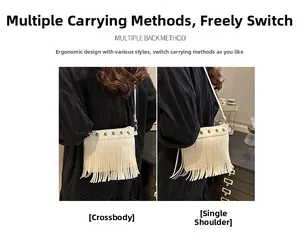 Détail du sac à bandoulière blanc à rivets et franges porté en travers et à l'épaule