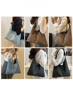 Detailed views of high-capacity vintage PU leather tote bags in blue, brown, and black colors
