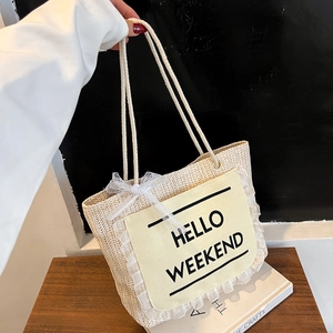 Women Casual Straw Woven Tote Bag Summer Beach Vacation Lace Bow Decor Hello Weekend Letter Print Handbag For Daily