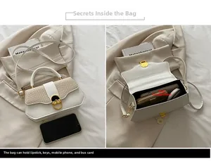 Detail view of woven leather handbag showing gold clasp and internal storage capacity