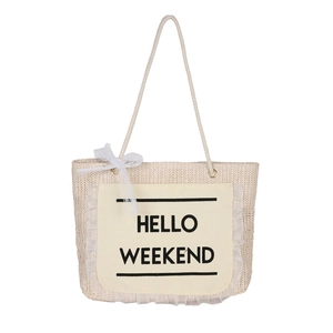 Straw tote bag with HELLO WEEKEND patch, lace trim and white mesh bow decoration