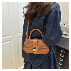 Detail of brown woven hardshell box bag featuring golden metal lock and long strap