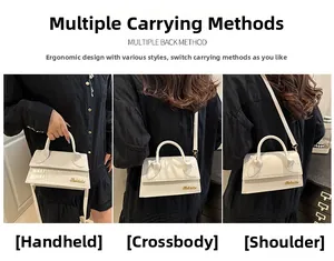 Detailed views of a white croc-embossed mini bag showing handheld, crossbody, and shoulder wear