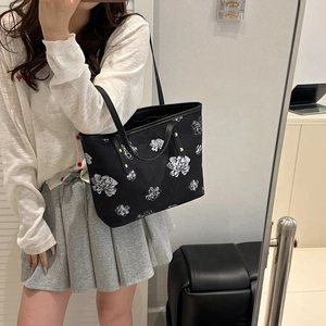 Chic Chinese style large black tote bag with white peony floral print and rivet details