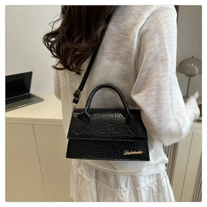 Minimalist black crocodile pattern crossbody mini square bag with gold logo on model