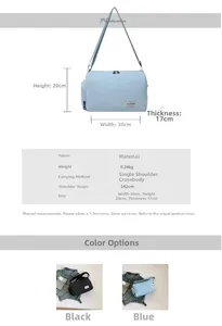 Detailed size specifications for canvas crossbody bag in black and blue color options