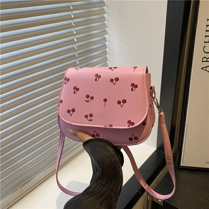 Women Cherry Print Crossbody Bag PU Leather French Niche Underarm Shoulder Purse Sweet Girlish Style Small Square Flap