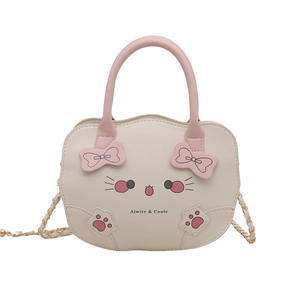 Bolso de mano de gato blanco con asas rosas y cadena dorada para mujer