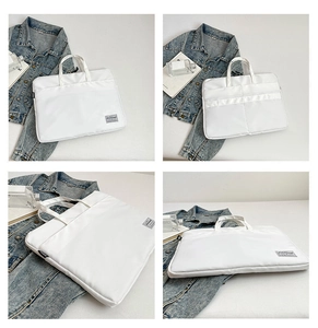 Four-angle view of a white nylon laptop bag showing compartments and reinforced handles