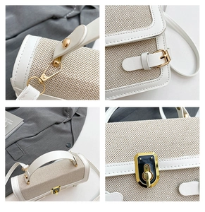 Detailed views of canvas and leather patchwork handbag with gold metal clasp and stitching