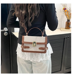 Detail of color-block canvas handbag featuring leather trim and metal clasp on a model
