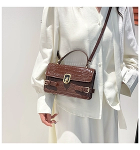 Close-up of brown crocodile pattern handbag featuring a metal twist lock and glossy finish