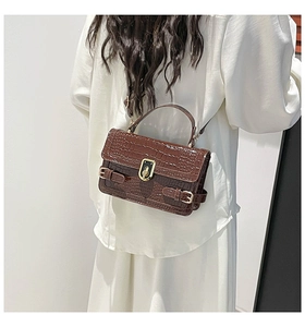 Detail showing deep brown crocodile pattern handbag worn by model on white background
