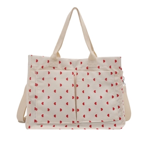 Beige corduroy tote bag with red heart patterns, large capacity and adjustable strap