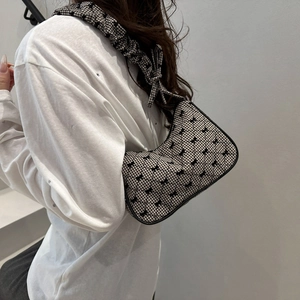 Black and white checkered shoulder bag with cute bow prints and ruffled scrunchie strap