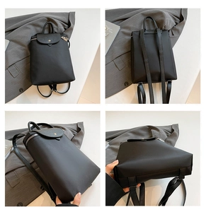 Multi-angle views of a black nylon backpack with leather flap and snap button closure