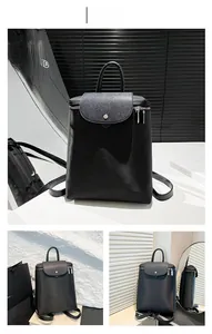Detail of nylon backpack with leather flap, metal snap button and dual zipper closure