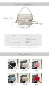 Detailed size specifications and material chart for small bow shoulder bag with pearl chain