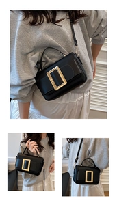 Three-way view of black square PU bag with large gold buckle on model for styling ideas