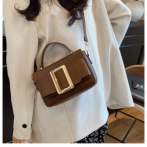 Detail of dark brown matte flap bag with gold square buckle and adjustable shoulder strap