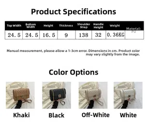 Detailed size chart and multi-color view of quilted crossbody bag with chain strap