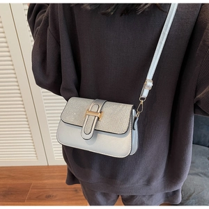 Detail showing glittery silver flap texture and golden H-clasp on the shoulder bag