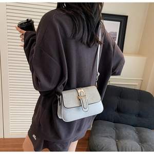 Detailed view of fashionable light blue and silver sequin crossbody bag on model back