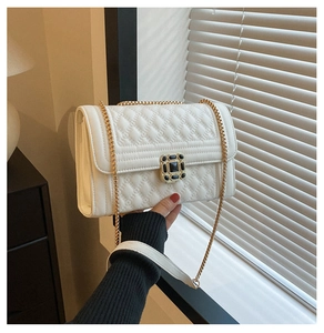 Close-up of white quilted chain bag with elegant black gold gemstone buckle detail