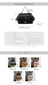 Detailed size guide and multi-color options for woven faux leather crossbody bag