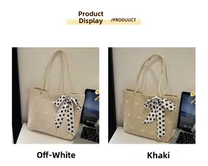 Detailed comparison of off-white and khaki straw tote bags with daisy embroidery and bows
