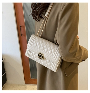 Model wearing a beige quilted chain crossbody bag with a vintage gold and black jewel buckle
