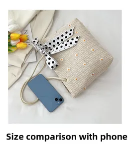 Lace straw tote bag size comparison with smartphone and elegant floral embroidery
