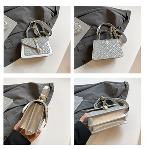 Detailed views of silver woven PU leather crossbody bag with geometric shoulder strap