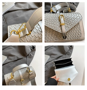 Detailed views of woven silver handbag with gold hardware and interior compartments