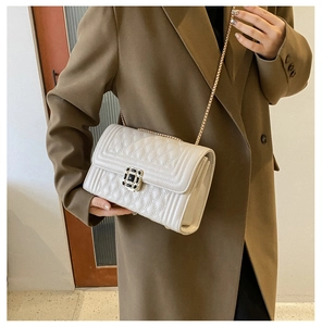 Close-up of beige quilted crossbody bag with luxury chain strap and chic square lock