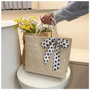 Fashion woven straw tote bag with floral embroidery and polka dot bow decoration
