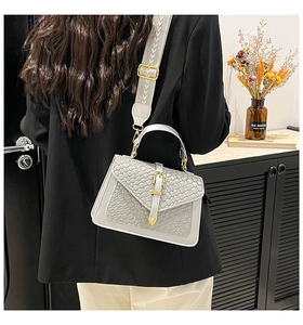 Detail of light grey woven square bag with gold buckle and patterned shoulder strap